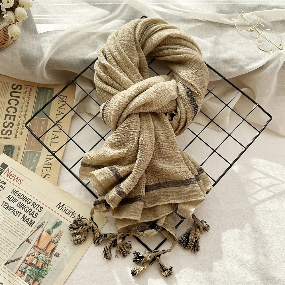 

Осенне-зимний однотонный хлопковый и льняной шарф с кисточками, женский стильный мужской шаль с морщинами из коры