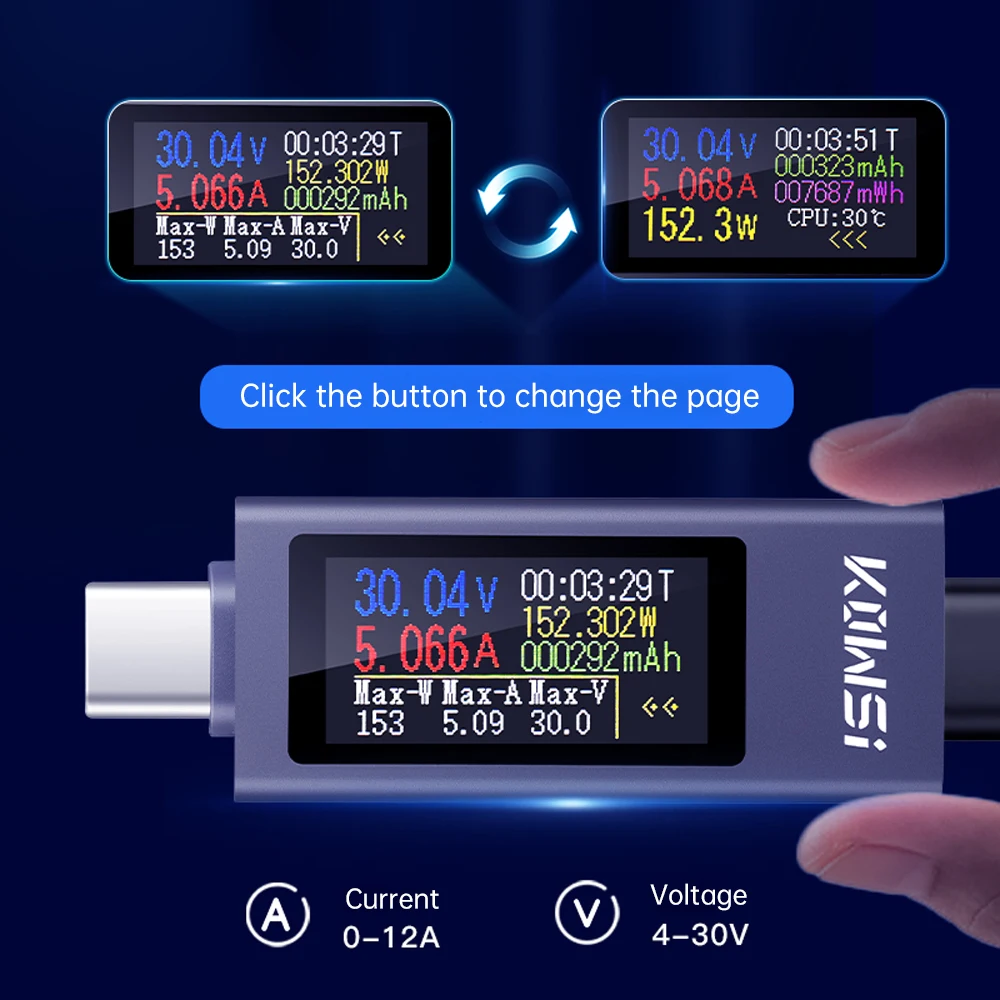 KWS-2301C/2302C Multi-function Digital Display DC Voltage Ammeter Power Meter Type-c Cell Phone Charging Tester DC 4-30V 0-12A