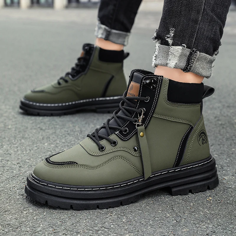Autumn Winter Biker Boots For Men Fashion Casual Men's Motorcycle Boots Comfy Leather Ankle Boots Lace-up High Top Working Shoes