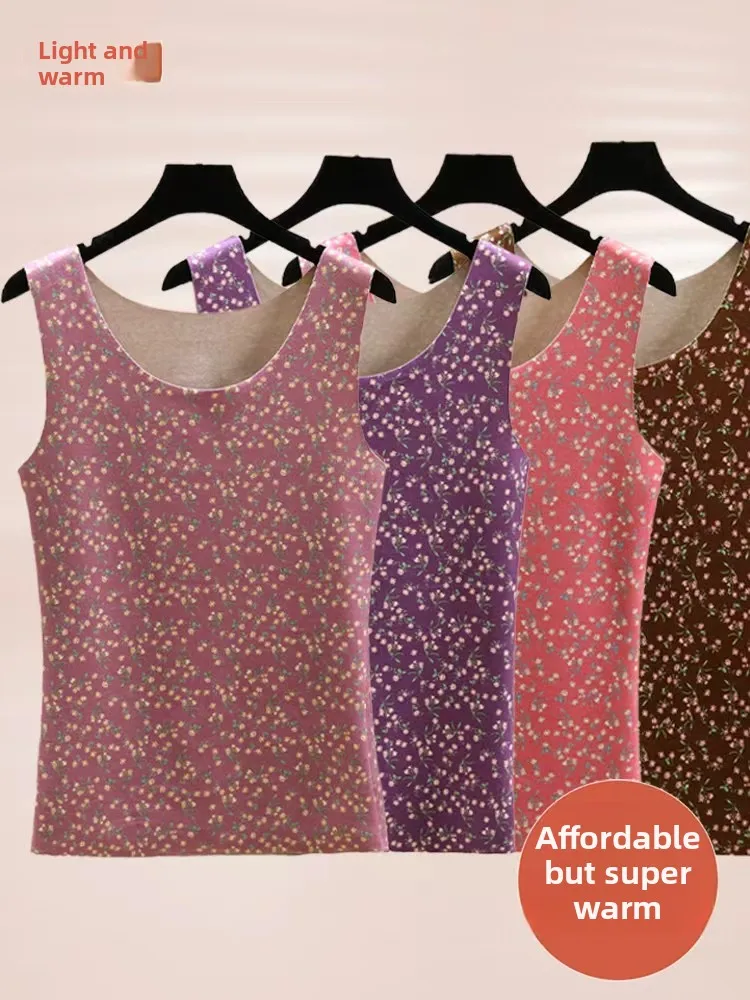 Thickened Fleece Warmth Vest Women's Winter Floral Print Inner Wear Slim Fit Top Large Size Seamless Base Shirt Home Clothes