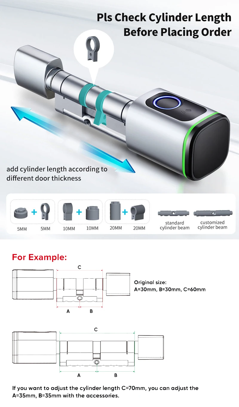 TUYA APP OEM Euro Cylinder Fingerprint Rfid Card Digital Adjustable Cylinder Size TUYA APP Smart Lock VVPRO S1