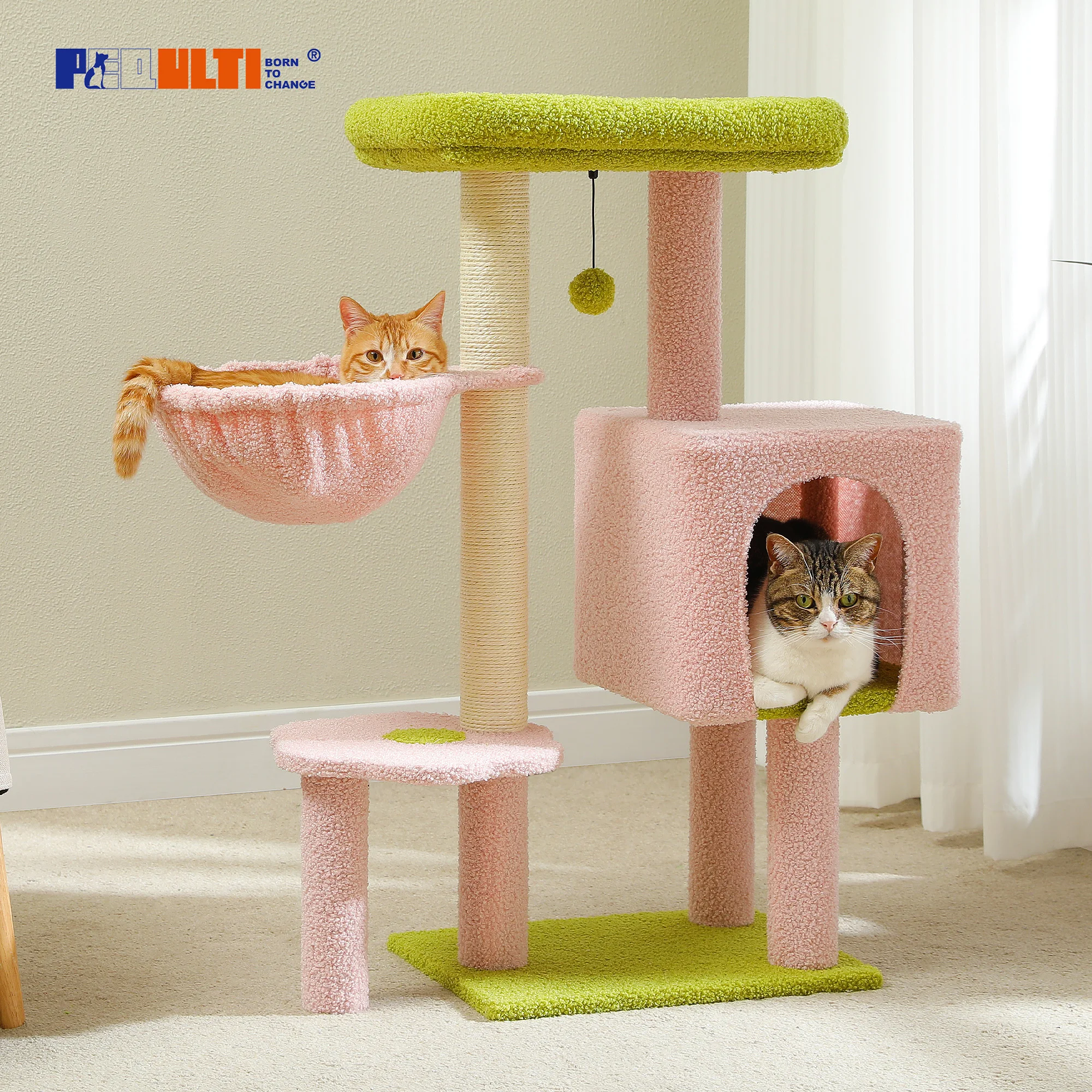 Cat Tree Cute Cat Tower with Padded Top Perch Comfy Hammock Private Condo Fully Scratching Post and Dangling Bell Ball