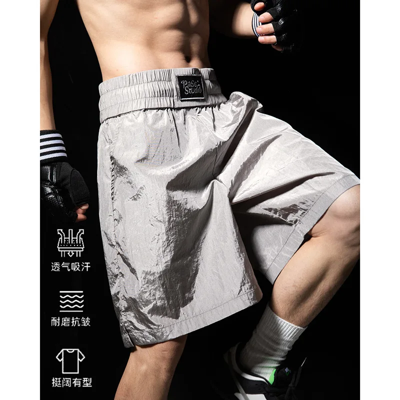 와이드 허리밴드 디자인 스포츠 캐주얼 반바지 여름 신상 메탈 텍스처 살짝 주름진 트렌디 루즈핏 5부 팬츠 스웨트 ‌   JK82로 번역하세요