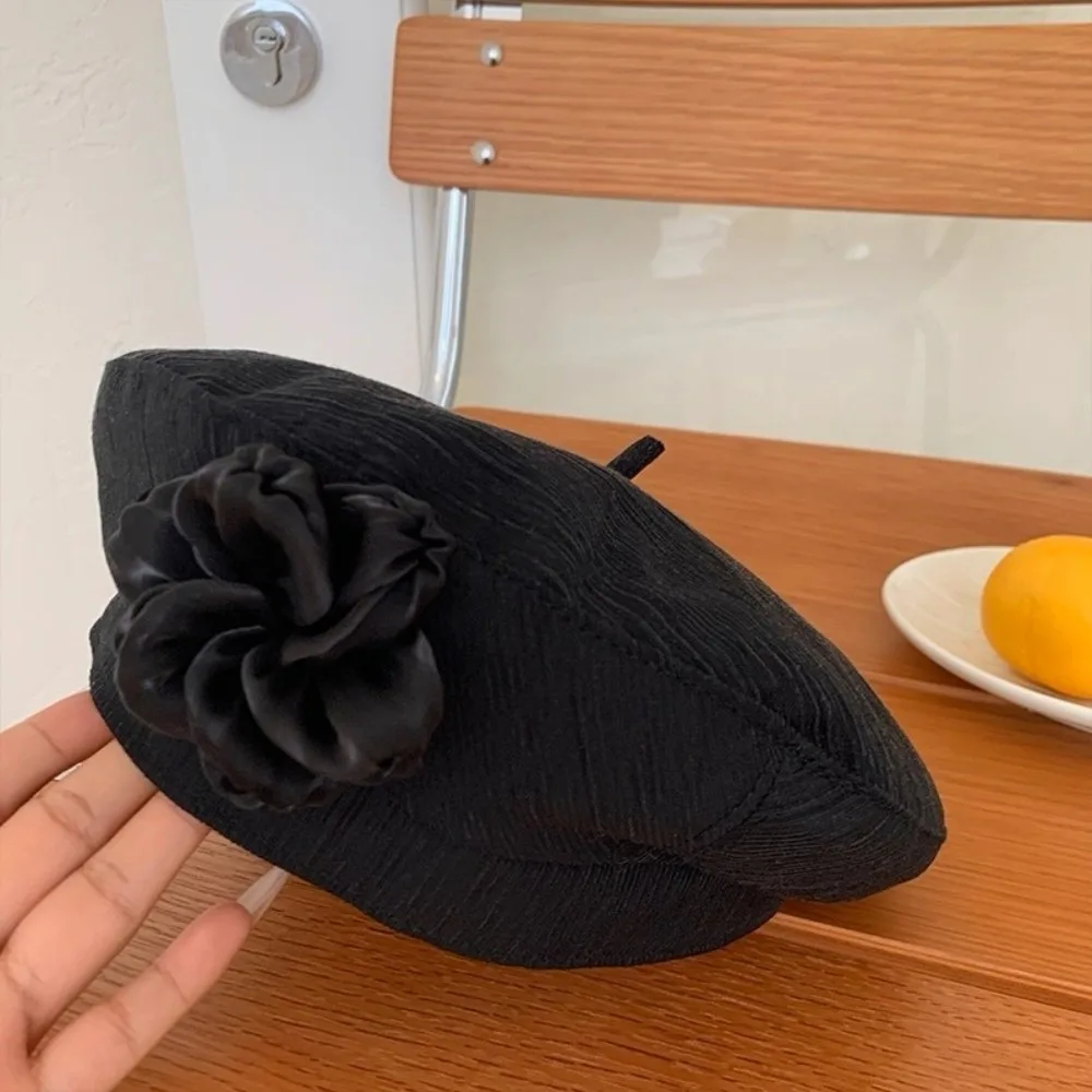 

Elegant French Style Flower Beret Versatile Literary Painter Hat Retro Thin Artist Cap Spring