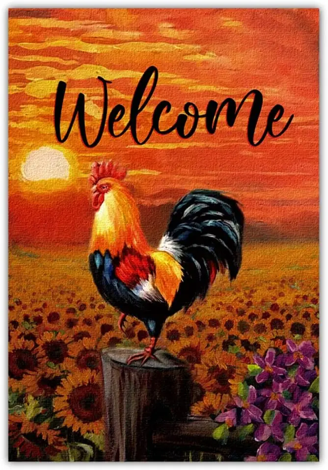 Welcome Farmhouse Garden Flag, Beautiful Sunset with Sunflowers Everywhere and A Big Rooster, Garden House Yard Flag Vertical Do