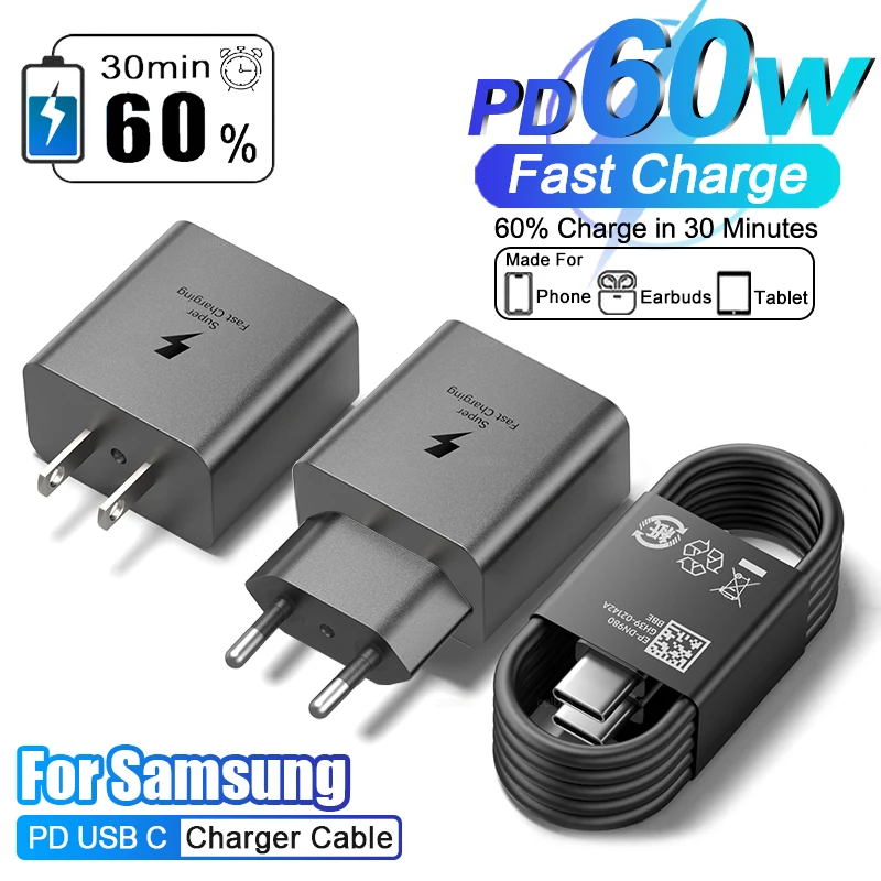 US Plug For Samsung 60W Super Fast Charger For Samsung Galaxy S25 S24 S23 S26 Ultra A57 A56 Type C Charger Fast Charging Cable