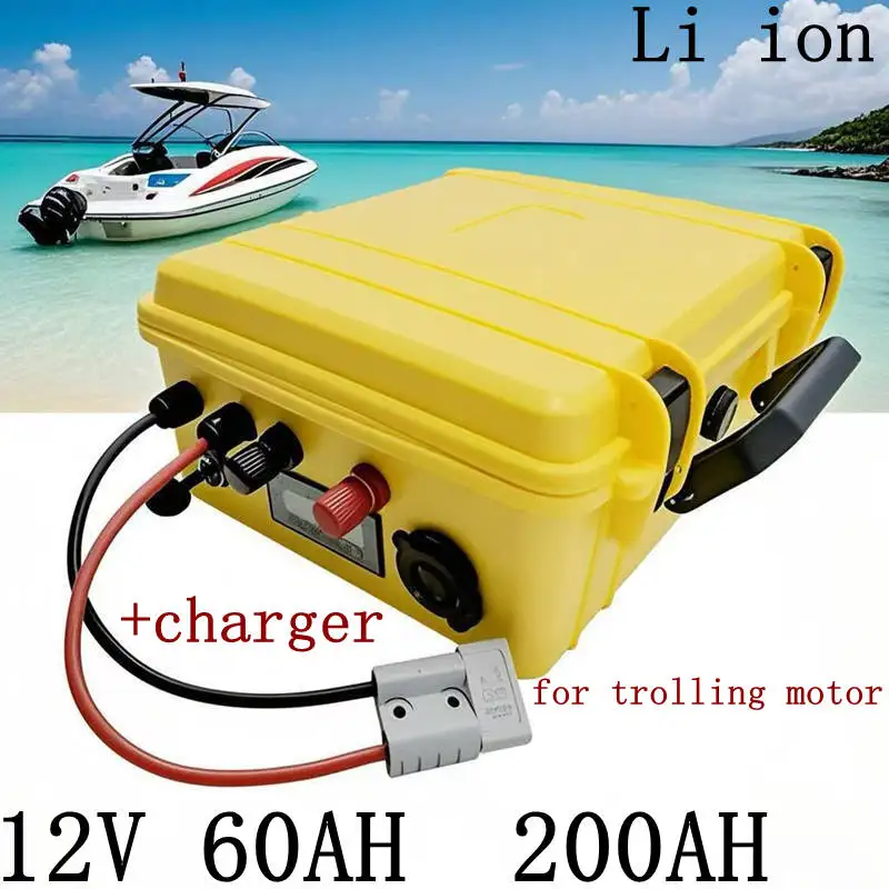 

waterproof rechargeable 12V 60Ah 80Ah 120Ah 150ah 180ah 200ah Lithium ion battery for trolling motor boat propeller+10A Charger