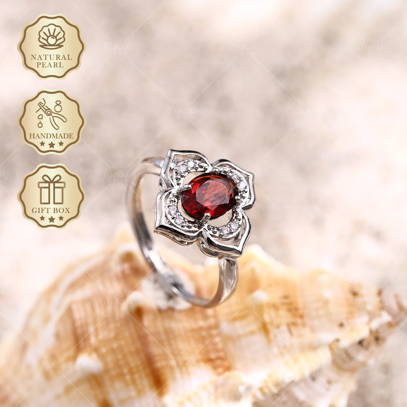 

Mysoya S925 Silver Plated Flower Ring Natural Garnet 6x8mm 1.48ct Gift Box Valentine’s Day Birthday Gift For Her