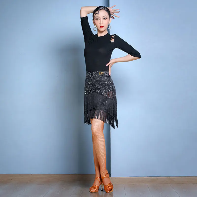 Latin Dance Tassel Apron Short Skirt Women Practice Clothes Female Adult Fringed Skirt Dance Practice Clothes Black Short Skirt