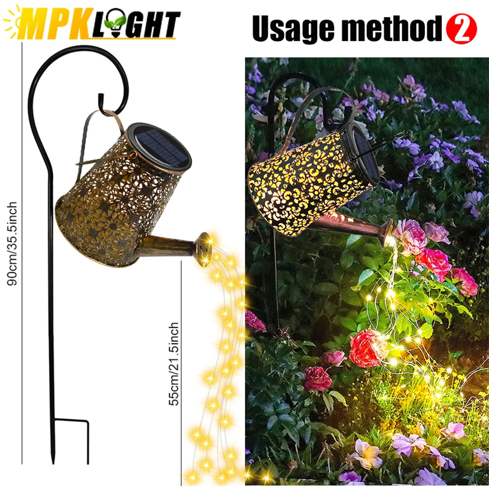 Solar Powered Wrought Iron Hollow Lamp Trapezoid Watering Can Sprinkles Fairy Light Waterproof Shower Lights Christmas Gardland