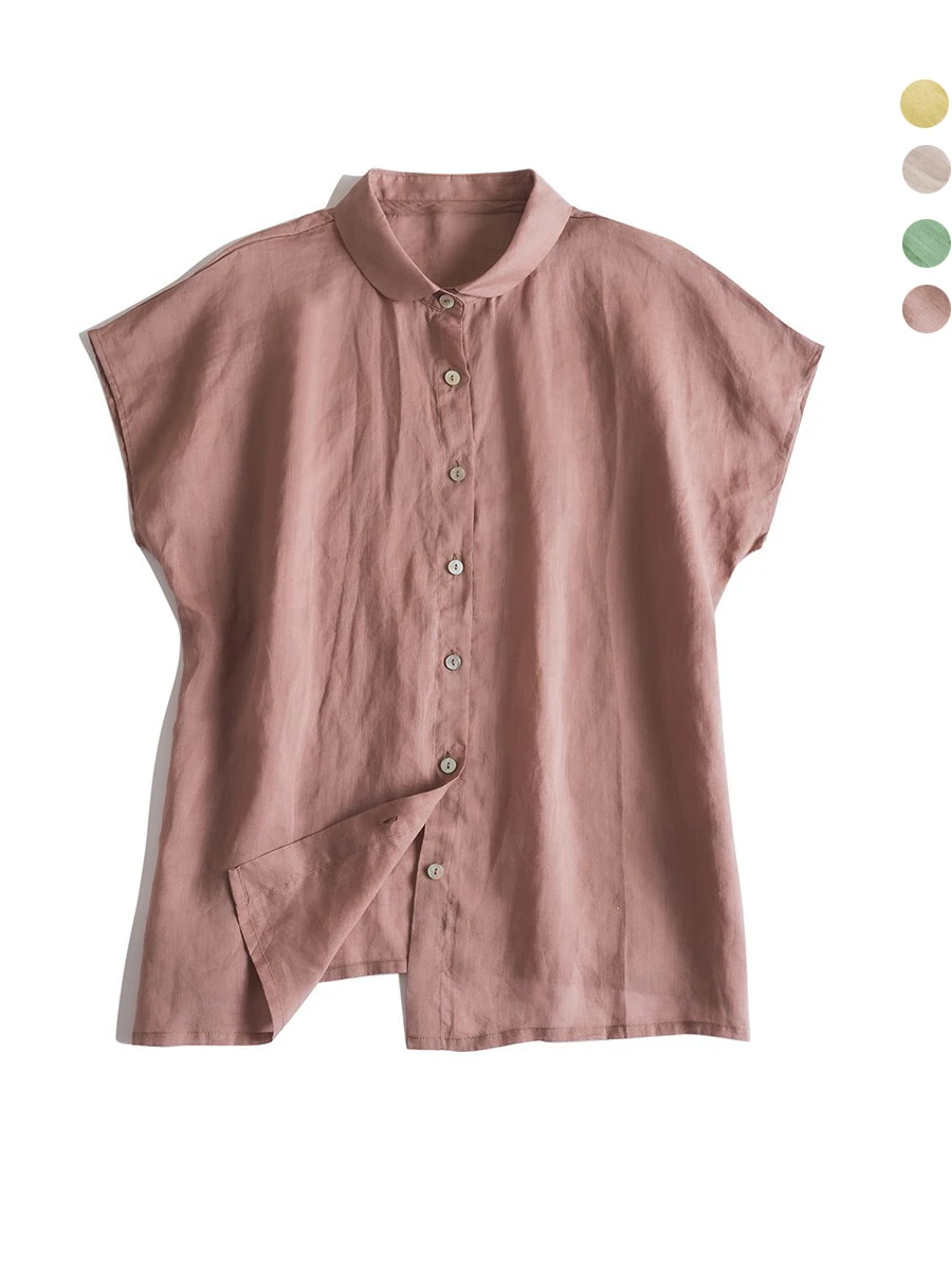 

Lightweight Cotton Linen irt Women's Collar ort Sve Loose Fit round Ne Thin Branch Flax Cool Summer Top