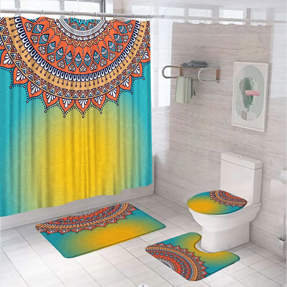 

4Pcs Colorful Mandala Shower Curtain Sets Bohemia Boho Floral Bathroom Curtains Non-Slip Bath Mat Pedestal Rug Lid Toilet Covers