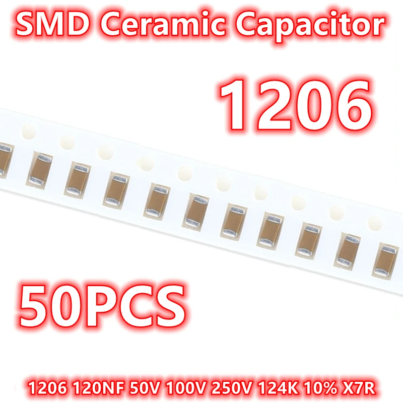 SMD 세라믹 캐패시터 IC, 정품 1206 120NF, 50V, 100V, 250V, 124K, 10% X7R, 50 개