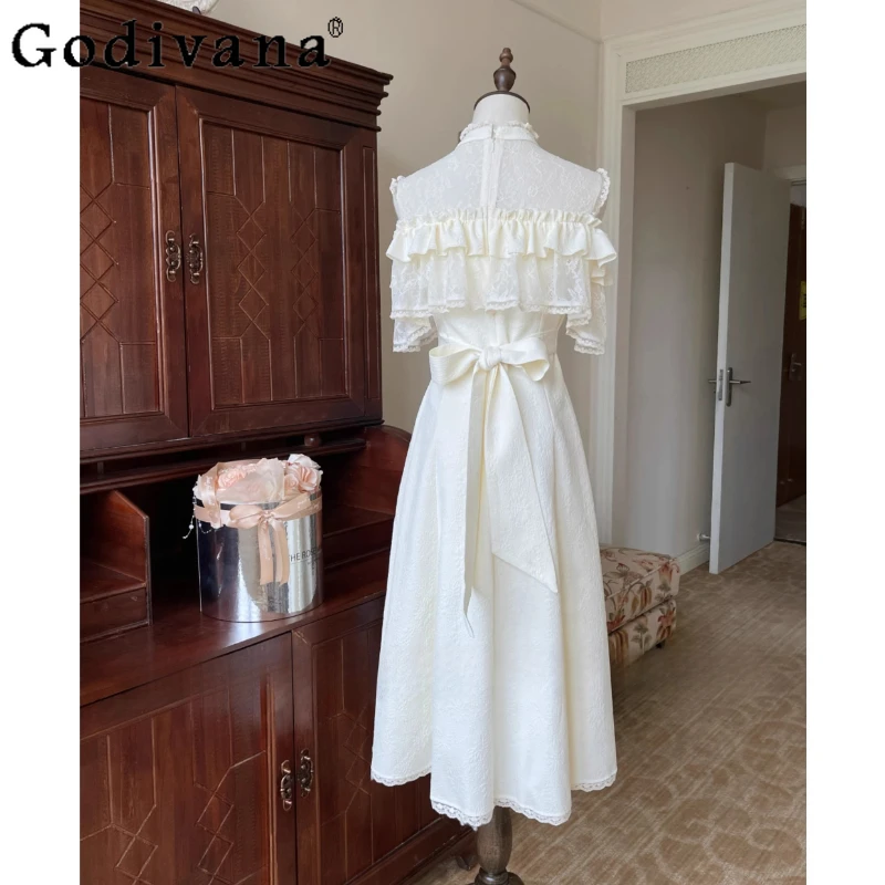Vestido elegante estilo japonês para mulheres, ombro de fora, gravata transparente, longo, lolita, verão, laço, vestido de princesa