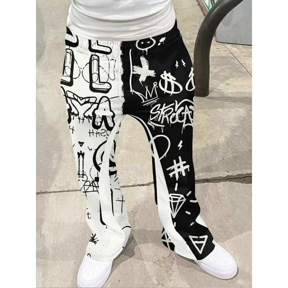 

Men's Casual Street Style Trendy Cross Print Fashionable Slightly Flared Black and White Color-Block Design Sweatpants Men Pants