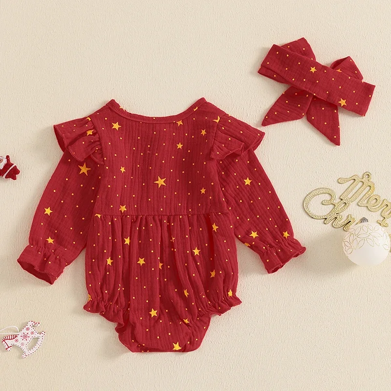 Newborn Baby Girls Christmas Rompers Star Print Long Sleeve Crew Neck Button Casual Jumpsuits with Headband Xmas Outfits