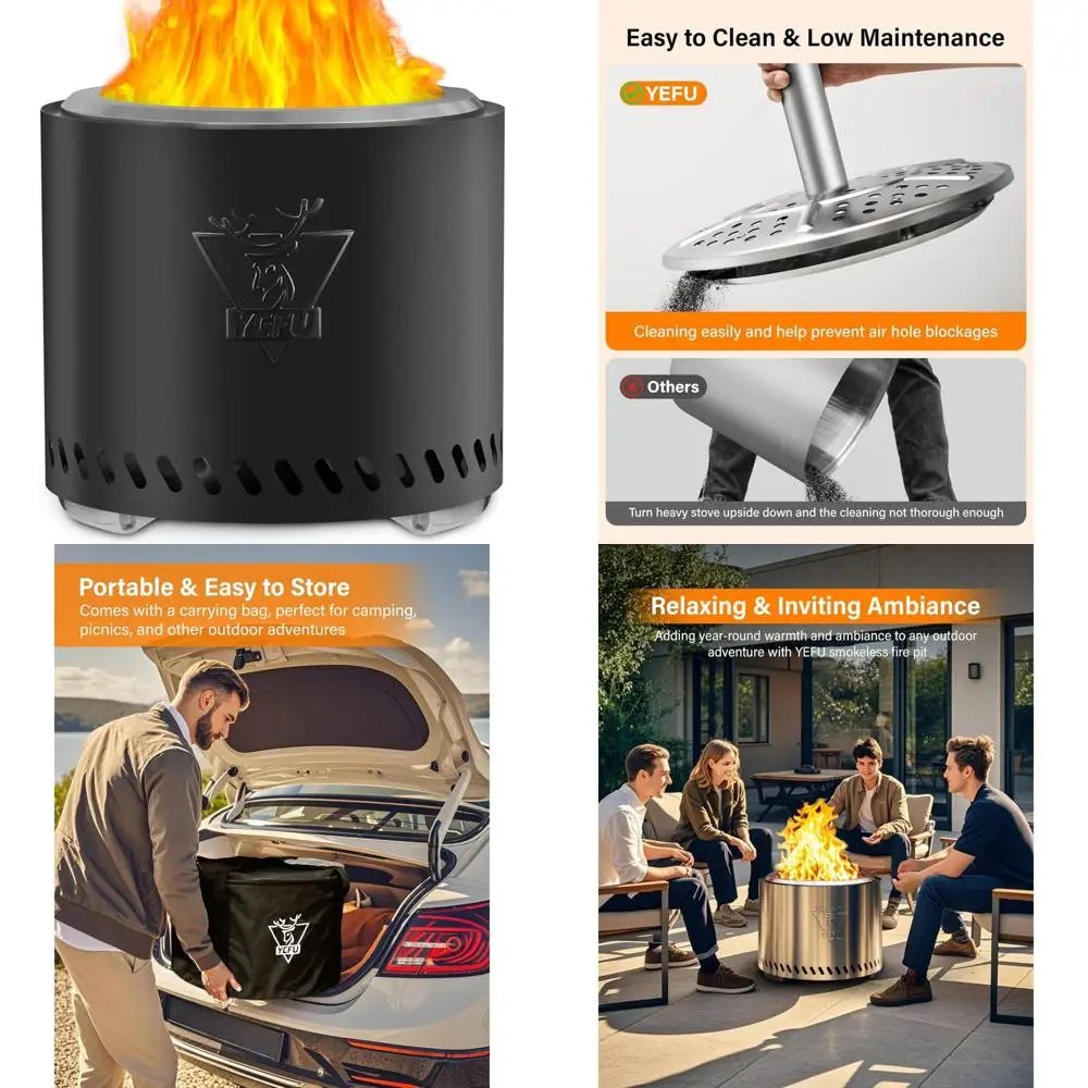 

Smokeless Outdoor Fire Pit - 19 Inch 304 Stainless Steel Ash Pan Removable Fire Pit, Black