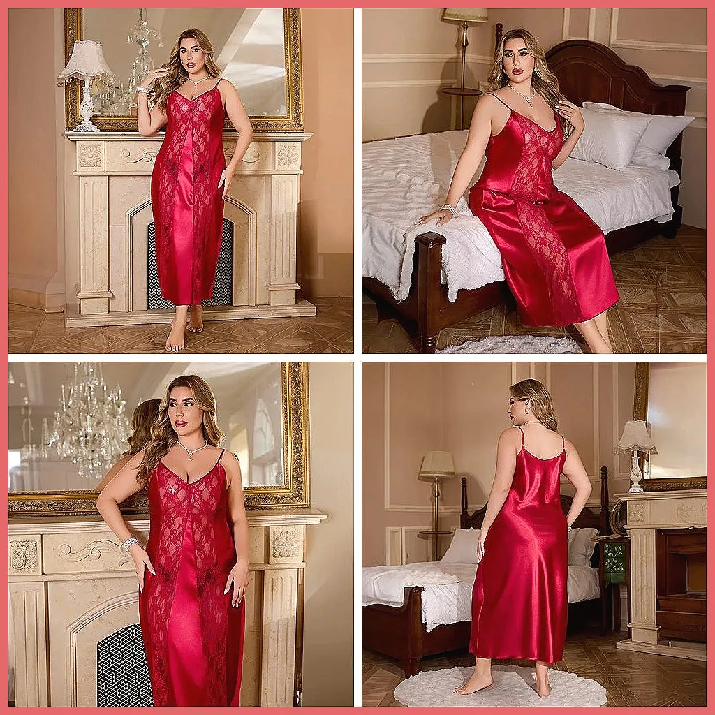 

Sexy Lace Nightgown for Women, Summer Satin Sleepwear & Wedding Night Dress, Big Size Loungewear