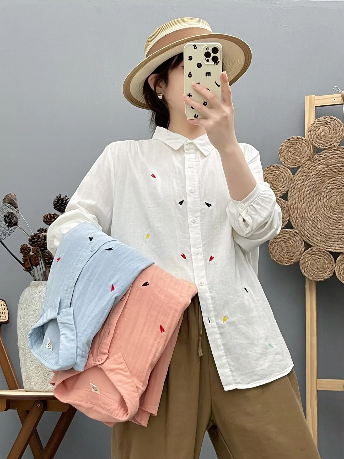 

2026 Pure cotton yarn elegant and youth women's blouses heart-shaped embroidered shirts and blouses for women vintage clothing