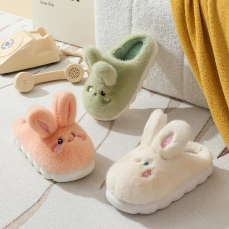 Winter Cute Rabbit Women Slippers Adults Indoor Cartoon Thick Soft Slides Girls Cute Cotton Slippers Couples Warm Plush Shoes