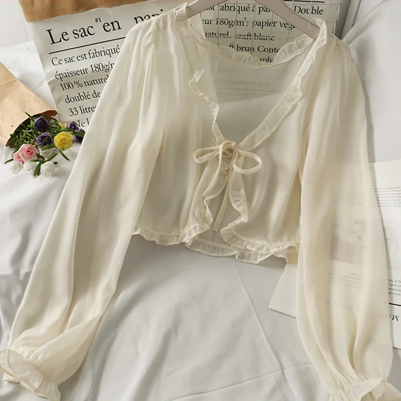 Women's Summer Lace Bow Ruffle Cardigan Shirt Y2K Korean Style Sun Protection Blouse Top White Female Cover Blusa view 4
