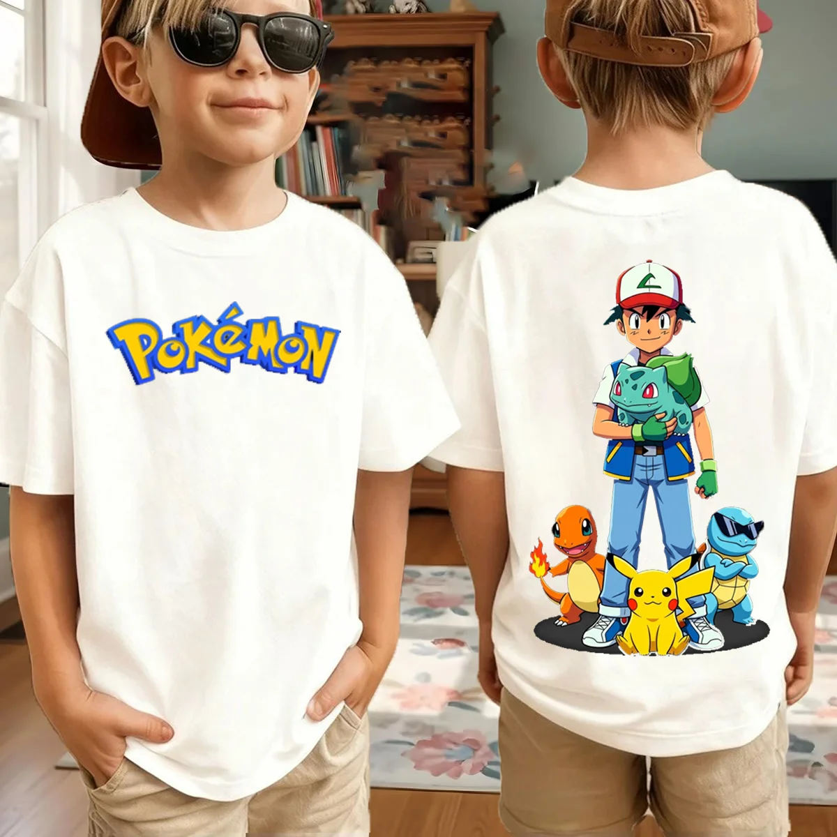 Sommer-Pokémon-Anime-T-Shirts für Jungen, kurzärmeliges Oberteil aus reiner Baumwolle, lässig, geeignet für Jungen und Mädchen, Eltern-Kind-Outfits.