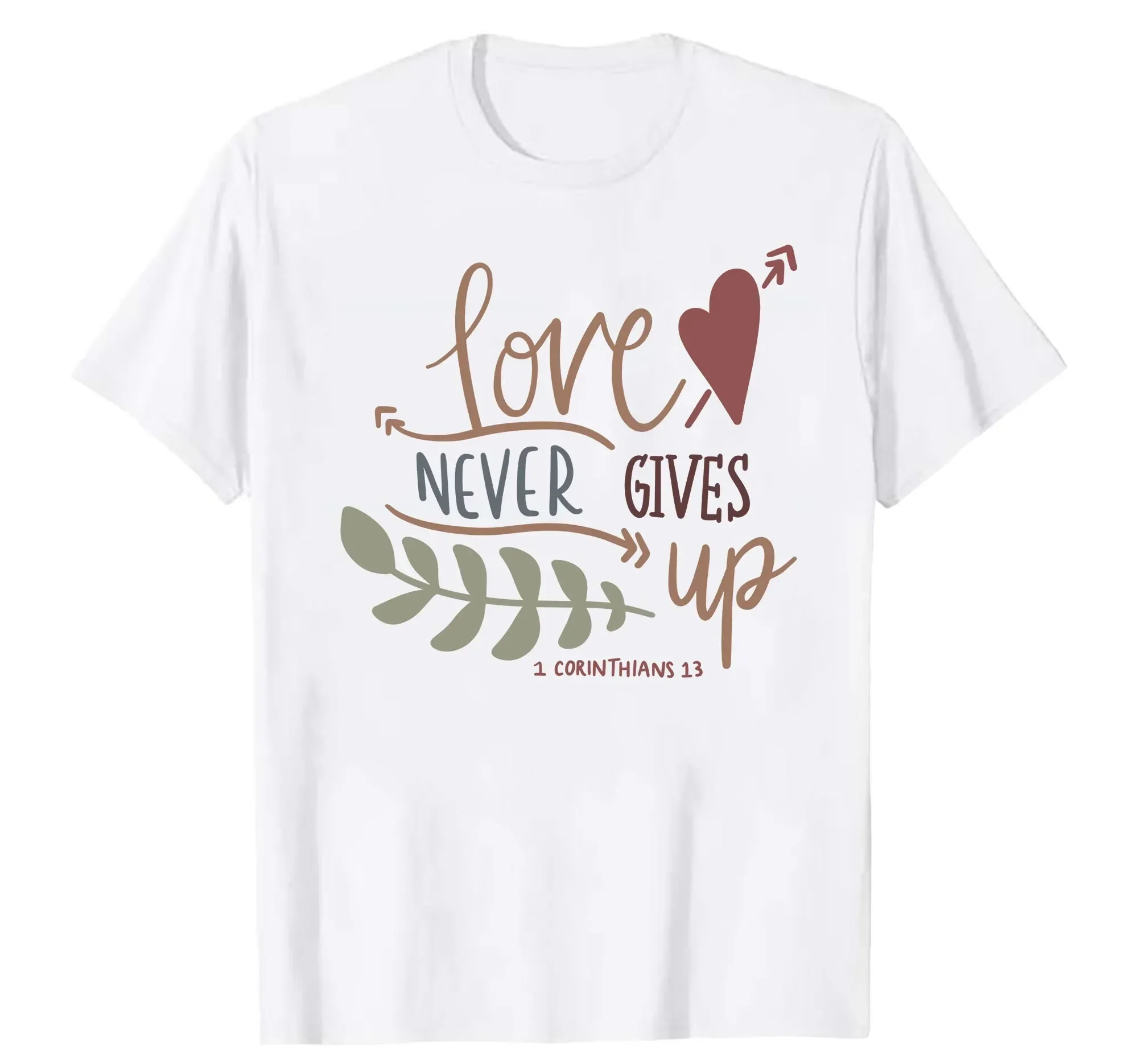 Camiseta Religiosa Cristã com Mensagem: Amor de Cristo Nunca Desiste, Senhor Deus, Bíblia, Salmo 1, 1 Coríntios 13, Fé em Nosso Salvador, Tamanho S