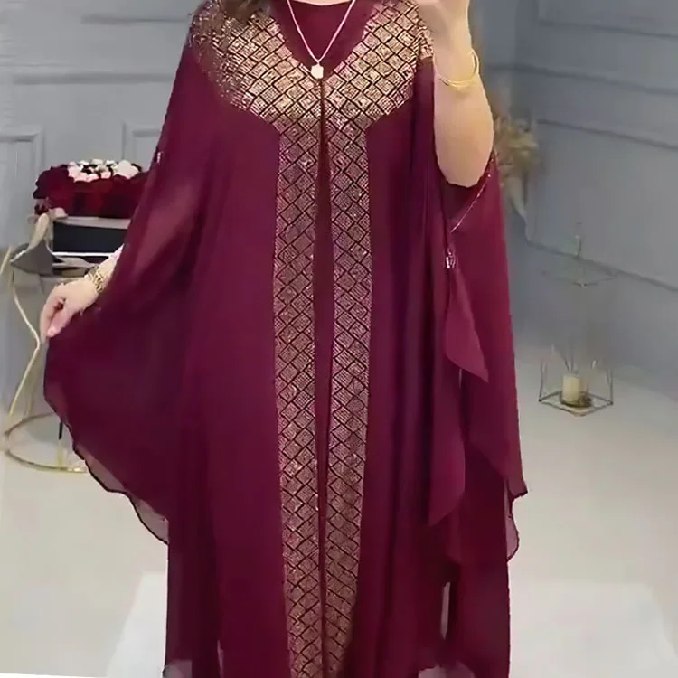 

Dubai Women Chiffon Evening Dress Inner Dress 2 Piece Set African Dresses Boubou Africa Clothing Diamond Outfit Ankara Dashiki
