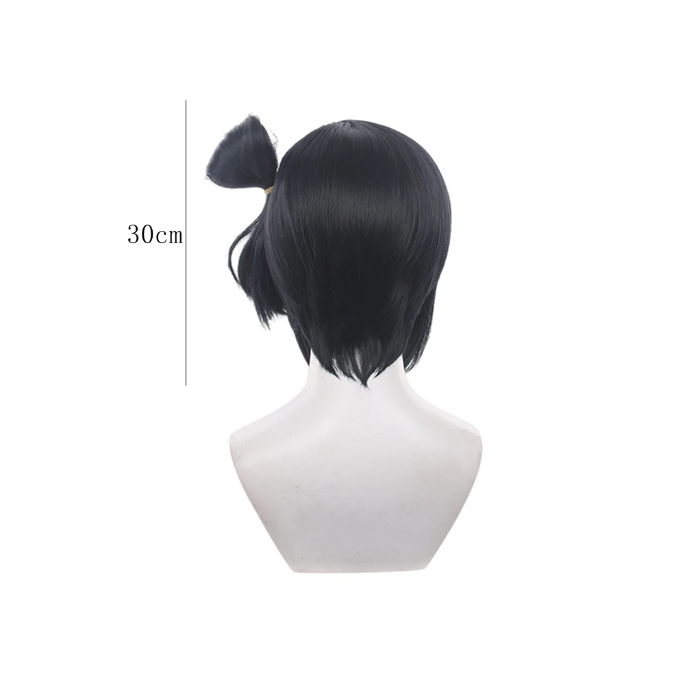 Black Short Bob Cosplay Wig with Side Bun and Blunt Bangs Synthetic Heat Resistant for Women Anime Halloween