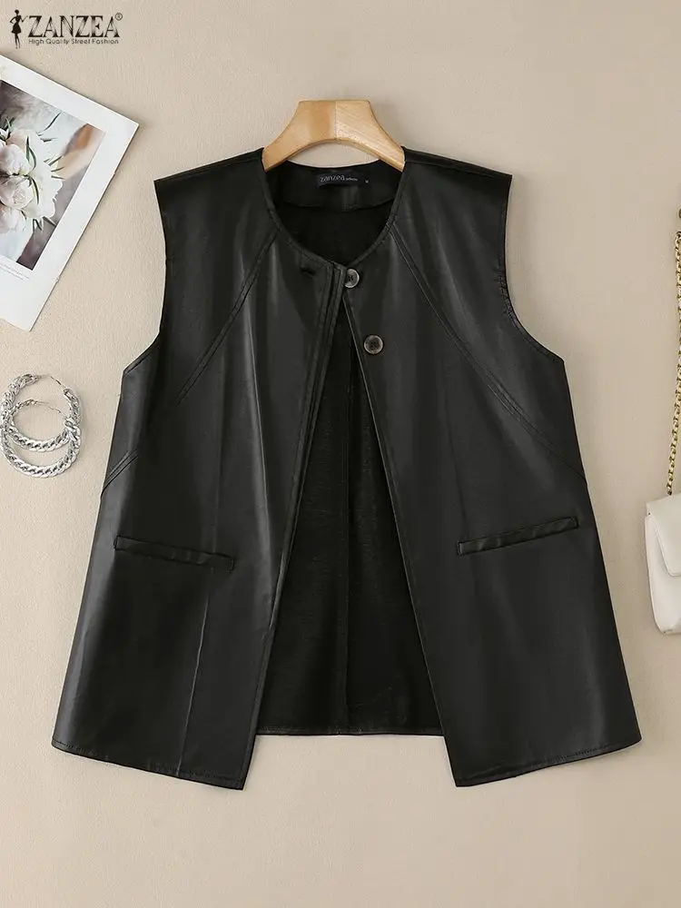 

ZANZEA Women Stylish PU Leather Vests Jackets Casual O Neck Sleeveless Solid Outwears Female Blouse Thin Tops Faux Leather Coats