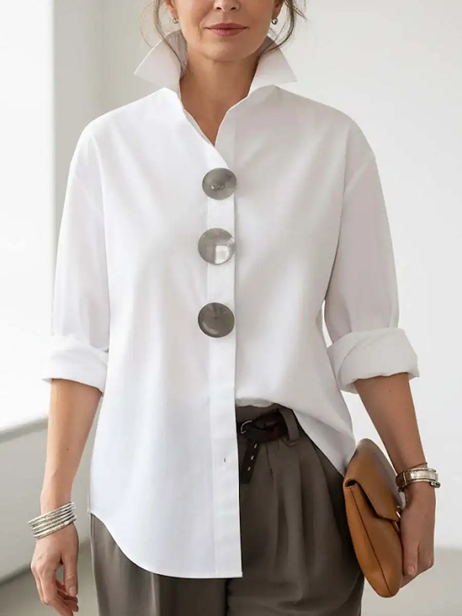 Casual Loose Metal Buckle Long Sleeve Shirts For Women 2026 Spring Autumn Faashion Solid Stand Neck Shirt Tops Femme