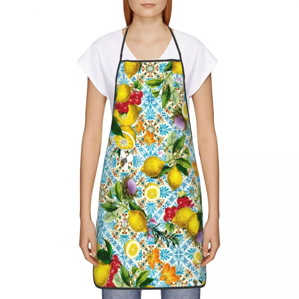 Custom Mediterranean Summer Fruit Sicilian Lemons Tiles Apron Adult Women Men Chef Tablier Cuisine for Kitchen Cooking Gardening