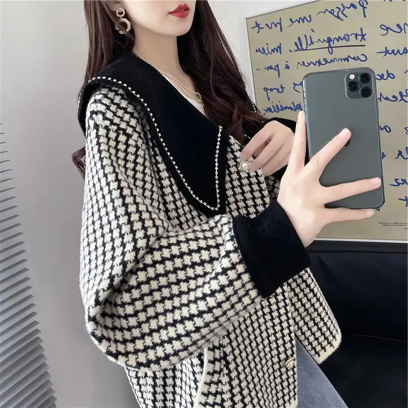 Casual Stylish Doll Neck Women's Knitted Jacket Autumn Winter Retro Versatile Korean Version Thousand Bird Grid Top for Women