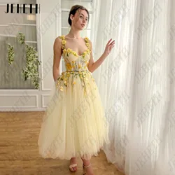 JEHETH Prom Party Gowns Sweetheart Spaghetti Straps A-Line 3D Flowers Ankle Length Sleeveless Tulle Formal Occasions Dress