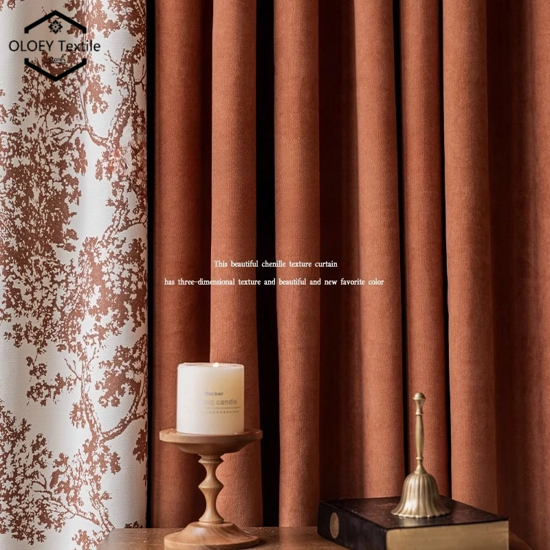 

Custom Luxury Chenille Curtain American Hotel Style Caramel Jacquard Blackout Drapes for Master Bedroom Dining Room Living Room