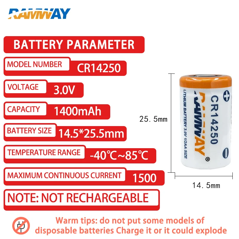 RAMWAY CR14250 Add PH2.0-2P Plug 3V Disposable Lithium Manganese Battery Intelligent Toilet Seat Yonghong PLC Industrial Contro