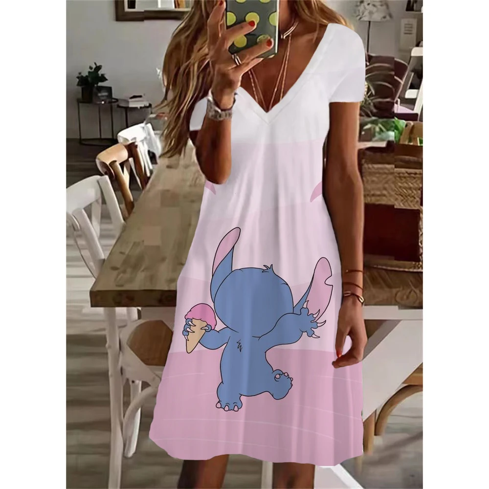 2024 Summer Women\'s Disney\'s Lilo & Stitch Print Dress Knee Length V Neck Female Casual Elegant Dress Fashionable Design New Y2K