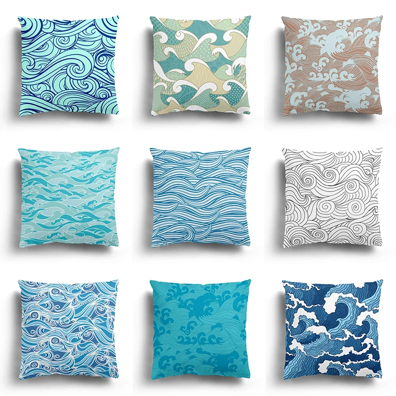 Green Blue Wave Pattern Pillowcase Square Car Sofa Office Cushion Pillowcase