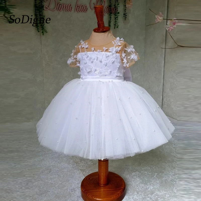 

SoDigne Tulle A-line Flower Girl Dress O-neck Short Sleeves Pearls Skirt Girls Party Dresses Long Kid Gown with Bow Customized