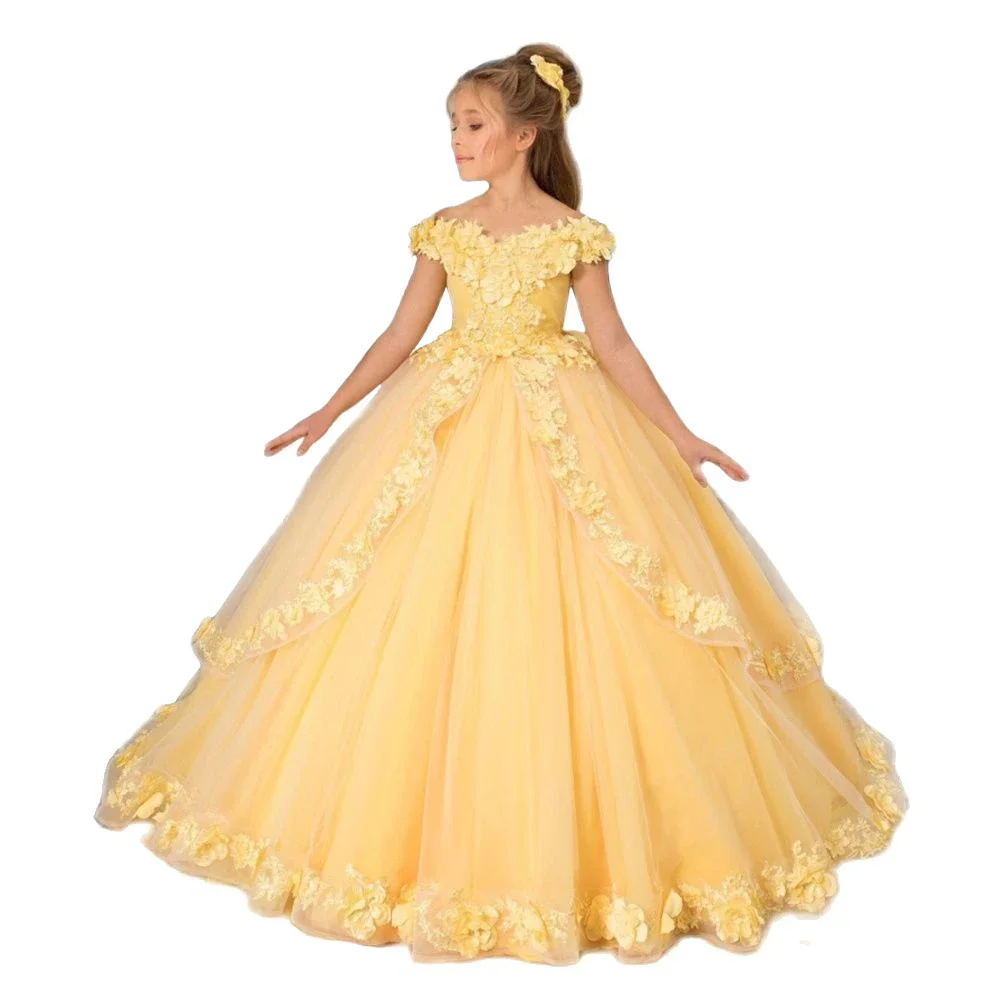 

Yellow Flower Girl Dresses For Wedding Appliques Tiered Tulle Pageant Dress Toddler Girls Off The Shoulder Birthday Party Gown
