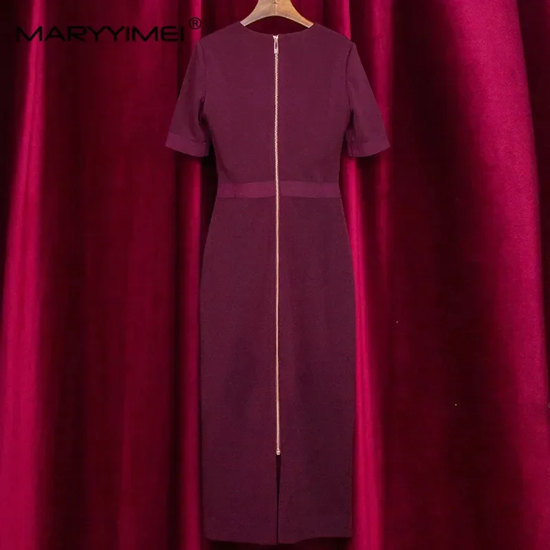 MARYYIMEI Pista di Moda Estate Solido Abito da Donna Elegante Manica Corta con Scollo a V Sottile Pacchetto Glutei Abiti Vestdios XXL