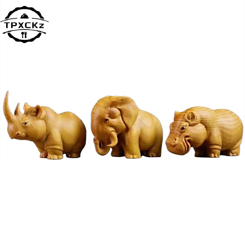 Manual Wood Carving Wooden Product Rhino Hippo Elephant Room Home decor Car Ornaments Decoration Sculptures & Figurines Kawaii