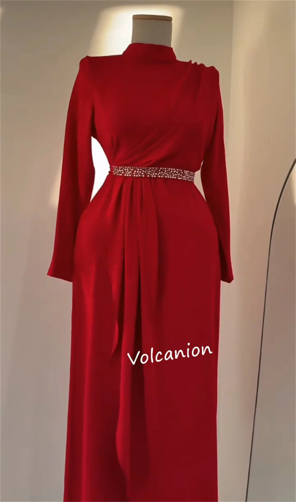 Customized Jersey Rhinestone Sash A-line High Collar Midi Dresses Bespoke Occasion Evening Classic Simple Elegant