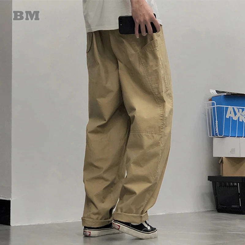 Khaki Cargo Pants Men Streetwear Loose Straight Leg Casual Trousers 100% Cotton Japanese Retro Style Elastic Waist Drawstring