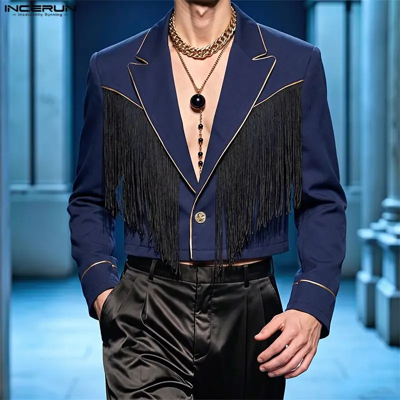 INCERUN Men's Blazer Tassel Patchwork Lapel Long Sleeve One Button Male Suit Streetwear Fashion Party Casual Crop Blazer For Man