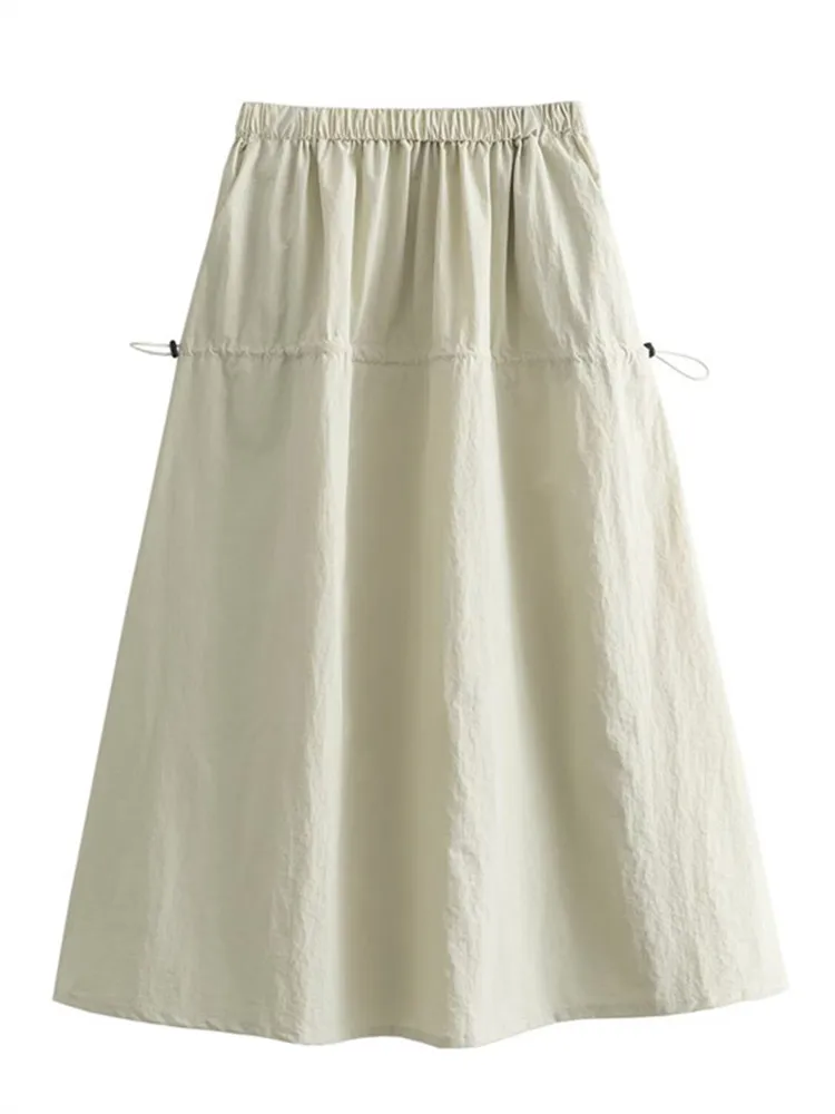 Women's Workwear-Style Long Skirt Made Of Quick-Drying Fabric. Drawstring Elastic Waist Letter A-Shaped Skirt With Large Hem