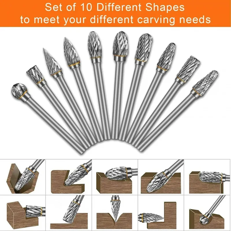 10pcs- 125sets-carton Tungsten Solid Carbide Rotary Burr Set 1/8 Cutting Burrs for Dremel Tool