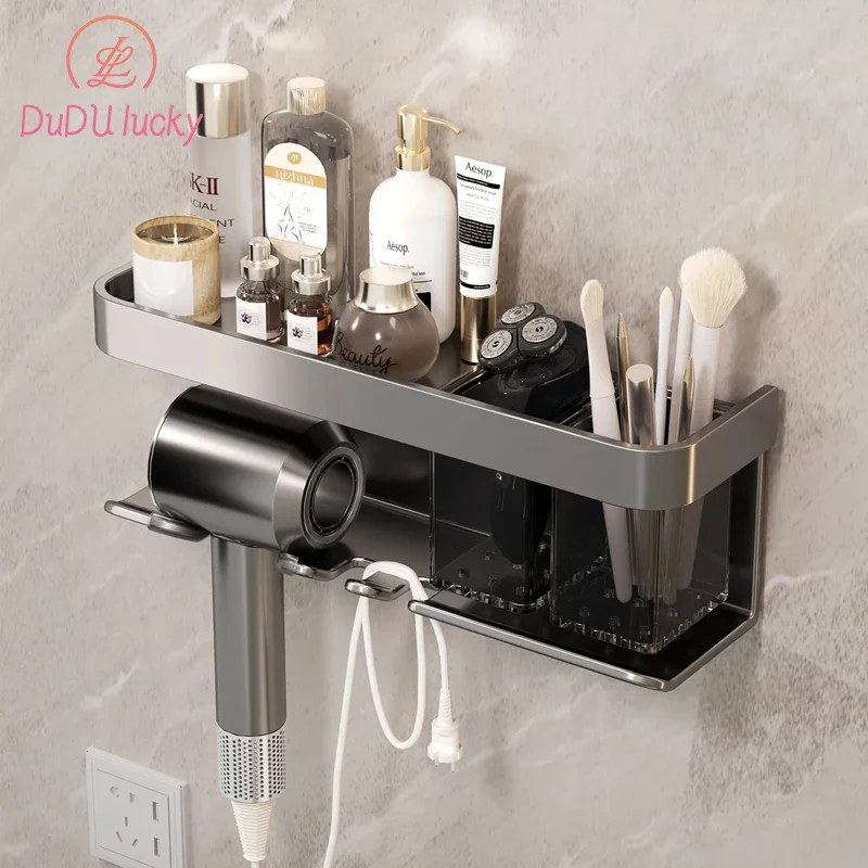 

Aluminum Alloy Hair Dryer Storage Rack, No Drilling, Wall Mounted, Hair Dryer Holder, Bathroom Shelf, 2 in 1