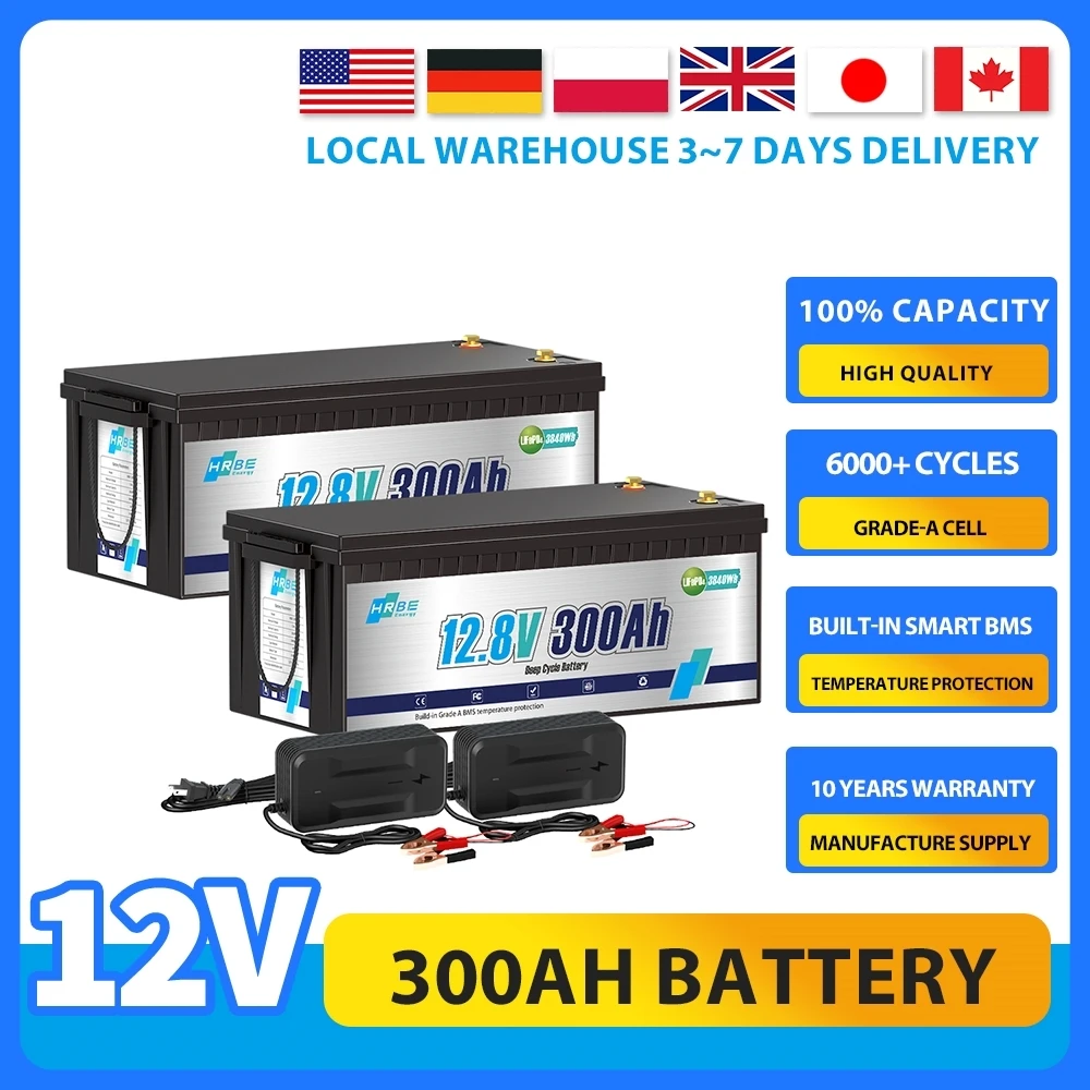 12V 300Ah LiFePO4 Lithium Battery 200A BMS,5000+ Deep Cycle Lithium Iron Phosphate Battery For Winter Power Shortage,RV,Marine