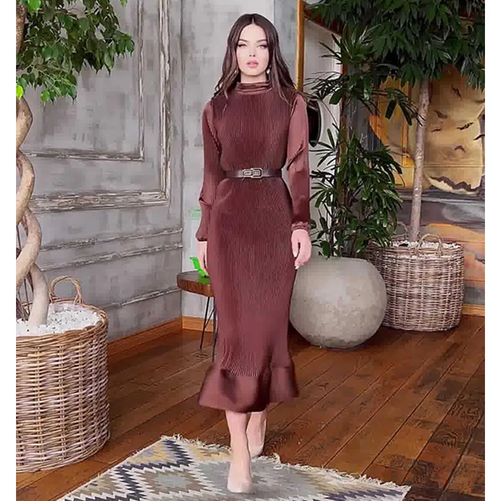 Muslim Solid Pleated Dress Women Vintage Dress Spring Summer Temperament Loose A-line Dresses Female Commuter Clothes